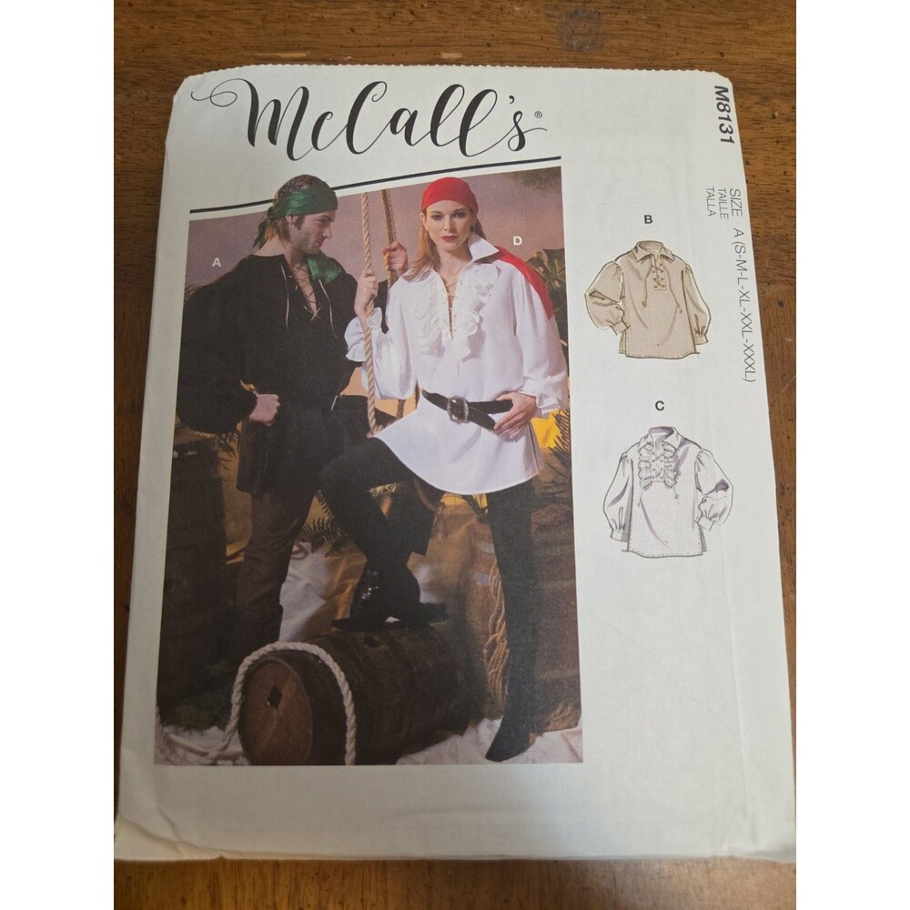 McCalls 8131 Unisex Shirt Pirate Costume Top Buchaneer Size S-XXXL Uncut